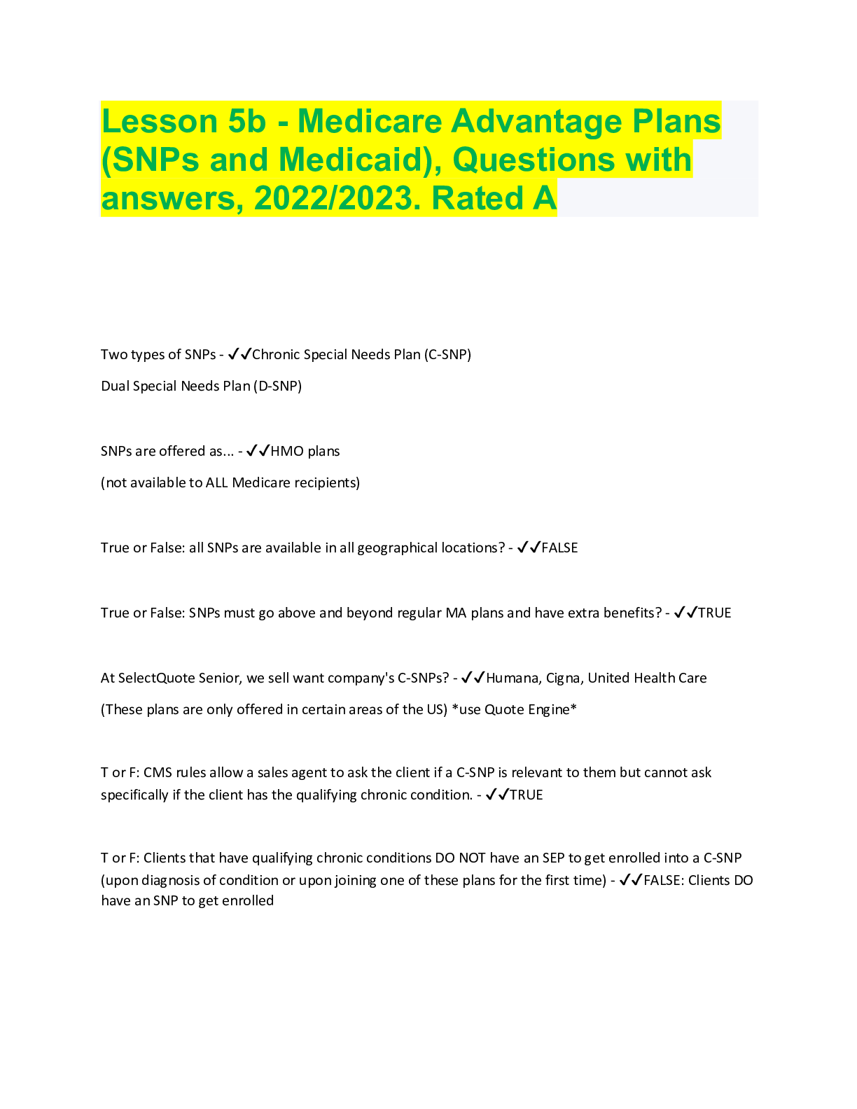 Preview image for Lesson 5b - Medicare Advantage Plans (SNPs and Medicaid), Questions with answers, 2022/2023. Rated A